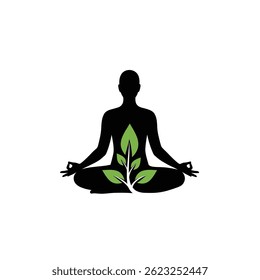 ZenHerbal Silhouette vector illustration of a person meditating with leaves icon on a white background