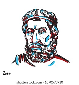 Zeno engraved vector portrait with ink contours on white background. Pre-Socratic Greek philosopher of Magna Graecia and a member of the Eleatic School founded by Parmenides.