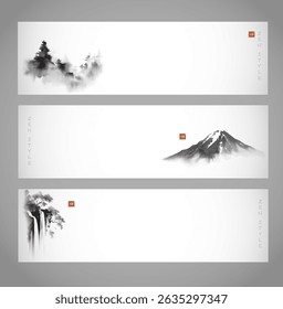 Zen-style banners featuring misty trees, a mountain, and a cascading waterfall in traditional sumi-e technique. Translation of hieroglyph - zen.