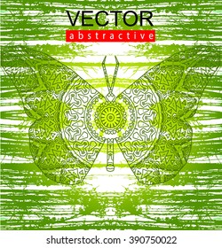 Zentagle art butterfly on the background of horizontal reflecting trunks. Green and yellow tones.