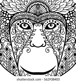 Zentagle black contour monkey head vector illustration. Monkey face with ethnic motifs.