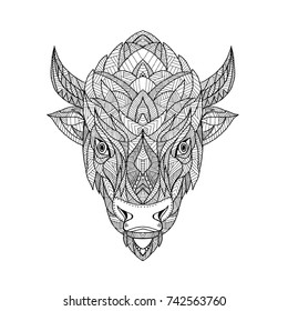 Zentagle inspired and tangled mandala illustration of a head of an American bison, American buffalo or buffalo viewed from front on isolated backgound.