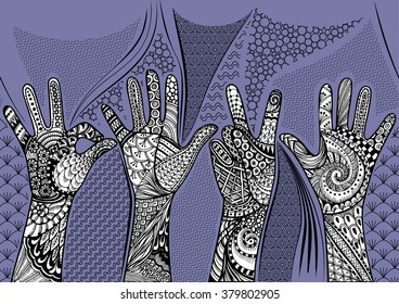 Zentandle gestures hands seamless border. Hand drawn doodle vector illustration.
