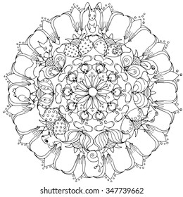 Zentangel rosette with animals, frog, mouse, snail,squirrel, birds, vector design for colouring book