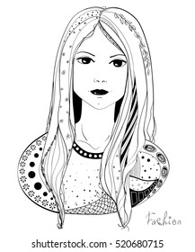 Zentangl girl. Hand drawn girl with abstract patterns on isolation background. Design for spiritual relaxation for adults.  Black and white illustration for coloring.