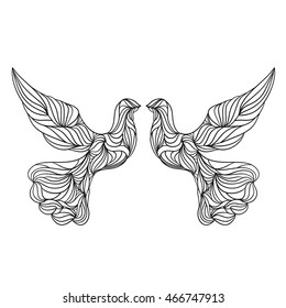 Zentangl  two lovers stylized dove. illustration isolated on background. Perfect for greeting cards, wedding invitations, bag and poster.