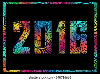 Zentangle 2016 New Year sign with hand drawn zenart background. Vector image can be used for web design, trendy printed products, surface textures, posters and cards.