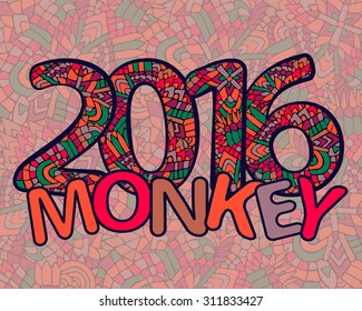 Zentangle 2016 year. Happy new year. Year of monkey. Vector illustration can be used for web design, trendy printed products, posters, calendars, invitations and greeting cards.