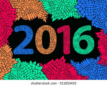 Zentangle 2016 year. Happy new year. Year of monkey. Vector illustration can be used for web design, trendy printed products, posters, calendars, invitations and greeting cards.
