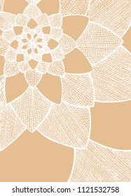 Zentangle abstract flower. Decorative flower. Hand drawn illustration. Ornament for Greeting Card. White lines on caramel beige background. Doodle drawing. Abstract floral design. 