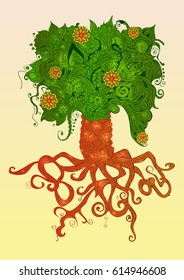 Zentangle abstract green asian tree with orange flowers. Vector image isolated on yellow background