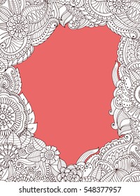 Zentangle abstract hand drawn floral postcard template empty in the middle where you can put your text