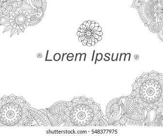 Zentangle abstract hand drawn floral postcard template empty in the middle where you can put your text