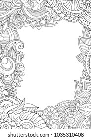 Zentangle abstract invitation card template border in adult coloring book style of leaves, flowers and plants