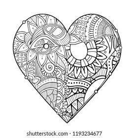 Zentangle adult coloring book page with floral heart. Symbol of love