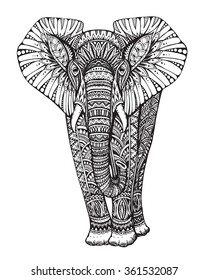 Zentangle animal. Stylized fantasy patterned elephant. Hand drawn vector illustration with traditional oriental floral elements  isolated on white background.