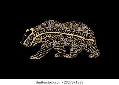 Zentangle art for Bear with gold color isolated on dark black background - vector illustration