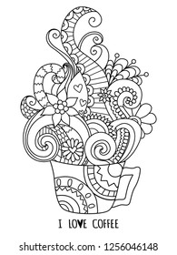 Zentangle art of coffee steam with I LOVE COFFEE concept for design element. Vector illustration