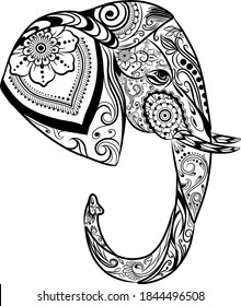 The zentangle art of the elephant from the side view full of the ornament