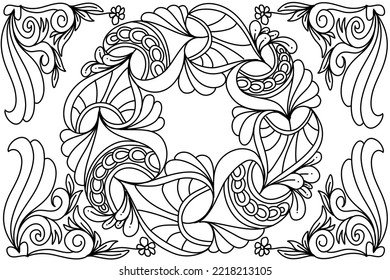 Zentangle-Kunst der Herz- und Kreisform. Blumenzeichnung in Umrissen. Vektorgrafik von Blatt- und Blumenarrangements mit Doodle-Stil.