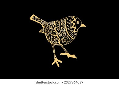 Zentangle art for Little sparrow with gold color isolated on dark black background - vector illustration