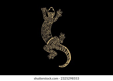 Zentangle art for Lizard with gold color isolated on dark black background - vector illustration