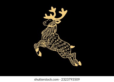 Zentangle art for Reindeer with gold color isolated on dark black background - vector illustration