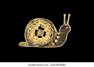 Zentangle art for Snail with gold color isolated on dark black background - vector illustration