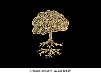 Zentangle art for tree with roots with gold color isolated on dark black background - vector illustration