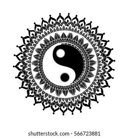 Zentangle asian meditative mandala with ying yang sing in the middle. Adult coloring book style vector image. Harmony and balance symbol. Vector image isolated on white background