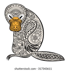 Zentangle Australian platypus totem for adult anti stress Coloring Page for art therapy, tribal illustration in doodle style. Vector color sketch. Animal collection.