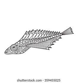 Zentangle the Baikal Oilfish Golomyanka for adult anti stress Coloring Page for art therapy, illustration in doodle style. Vector monochrome sketch with geometric pattern isolated on white background.