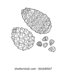 Zentangle the Baikal pinecones for adult anti stress Coloring Page for art therapy, illustration in doodle style. Vector monochrome sketch with geometric pattern isolated on white background.
