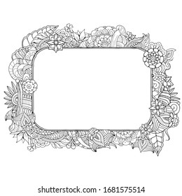 Rahmenrahmen des Zentangle. Einladungskartenvorlage für Hochzeitsfeiern im Stil des Farbbuchs für Erwachsene mit abstrakten Blumen und Blättern