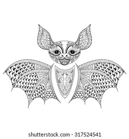 Zentangle Bat totem for adult anti stress Coloring Page for art therapy, tribal illustration in doodle style. Vector monochrome sketch with high details isolated on black background.