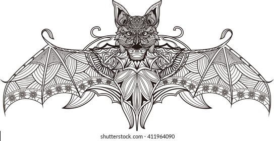 Zentangle Bat totem for adult anti stress Coloring Page for art therapy, tribal illustration in doodle style. Vector monochrome sketch with high details isolated on black background.