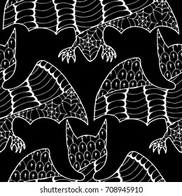 Zentangle Bats Hand Drawn and Traced to Vector. Halloween Background. Seamless Pattern for Wrapping or Halloween Decoration. Background with Doodled Vampires.