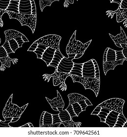 Zentangle Bats Hand Drawn and Traced to Vector. Halloween Background. Seamless Pattern for Wrapping or Halloween Decoration. Background with Doodled Vampires.