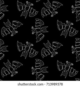Zentangle Bats Hand Drawn and Traced to Vector. Halloween Background. Seamless Pattern for Wrapping or Halloween Decoration. Background with Doodled Vampires.