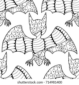 Zentangle Bats Hand Drawn and Traced to Vector. Halloween Background. Seamless Pattern for Wrapping or Halloween Decoration. Background with Doodled Vampires.