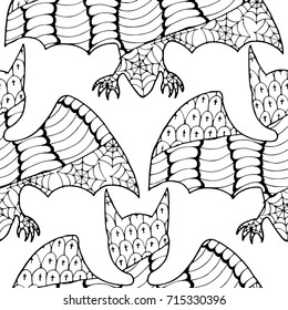 Zentangle Bats Hand Drawn and Traced to Vector. Halloween Background. Seamless Pattern for Wrapping or Halloween Decoration. Background with Doodled Vampires.