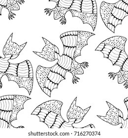 Zentangle Bats Hand Drawn and Traced to Vector. Halloween Background. Seamless Pattern for Wrapping or Halloween Decoration. Background with Doodled Vampires.
