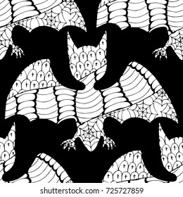 Zentangle Bats Hand Drawn and Traced to Vector. Halloween Background. Seamless Pattern for Wrapping or Halloween Decoration. Background with Doodled Vampires.