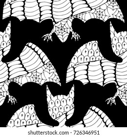 Zentangle Bats Hand Drawn and Traced to Vector. Halloween Background. Seamless Pattern for Wrapping or Halloween Decoration. Background with Doodled Vampires.