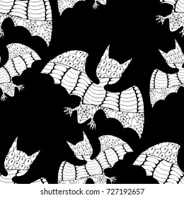 Zentangle Bats Hand Drawn and Traced to Vector. Halloween Background. Seamless Pattern for Wrapping or Halloween Decoration. Background with Doodled Vampires.
