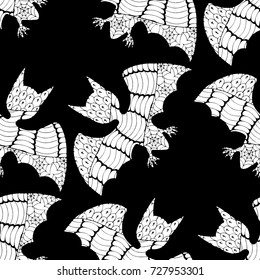 Zentangle Bats Hand Drawn and Traced to Vector. Seamless Pattern for Wrapping or Halloween Decoration. Background with Doodled Vampires.