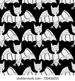 Zentangle Bats Hand Drawn and Traced to Vector. Halloween Background. Seamless Pattern for Wrapping or Halloween Decoration. Background with Doodled Vampires.