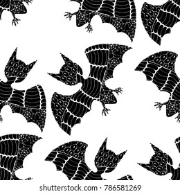 Zentangle Bats Hand Drawn and Traced to Vector. Halloween Background. Seamless Pattern for Wrapping or Halloween Decoration. Background with Doodled Vampires.