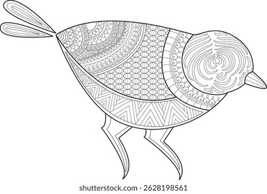 Zentangle Bird Outline Illustration for Coloring, Detailed black and white outline drawing of a stylized bird filled with intricate zentangle patterns and decorative motifs. Perfect for coloring