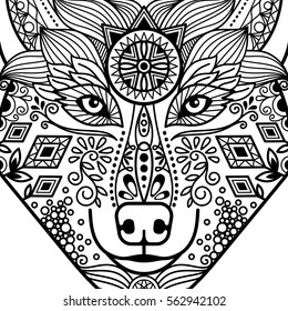 Zentangle black contour wolf head with hand drawn guata vector ornament